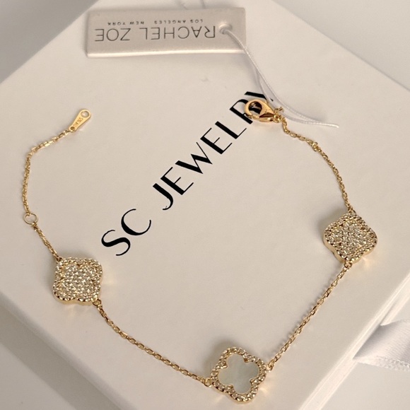 Rachel Zoe Clover Bracelet Mother of Pearl &Cubic Zirconia 925 Sterling Silver - Picture 5 of 8